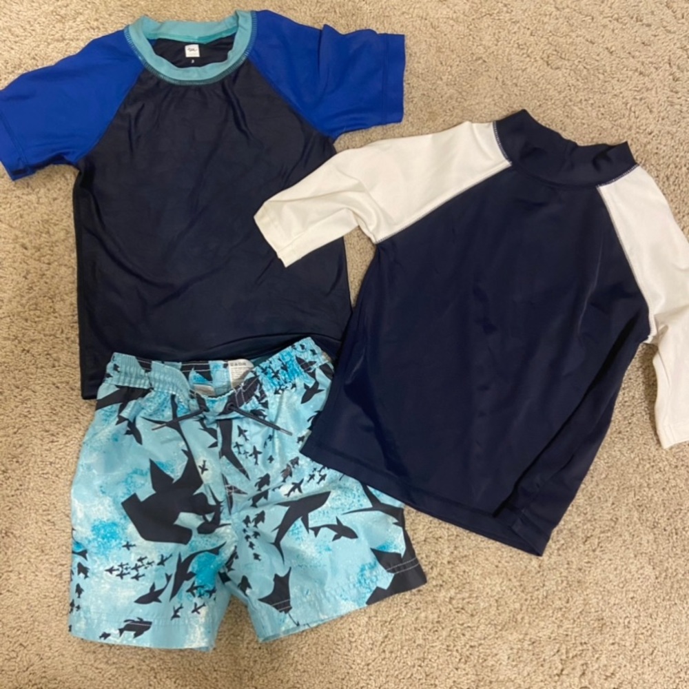 Shark blue rash guard swim trunk beach bundle